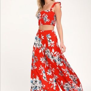 All Abloom Red Orange Floral Print Two-Piece Jumpsuit